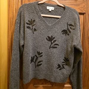 Charcoal V-Neck Sweater with Floral Accents